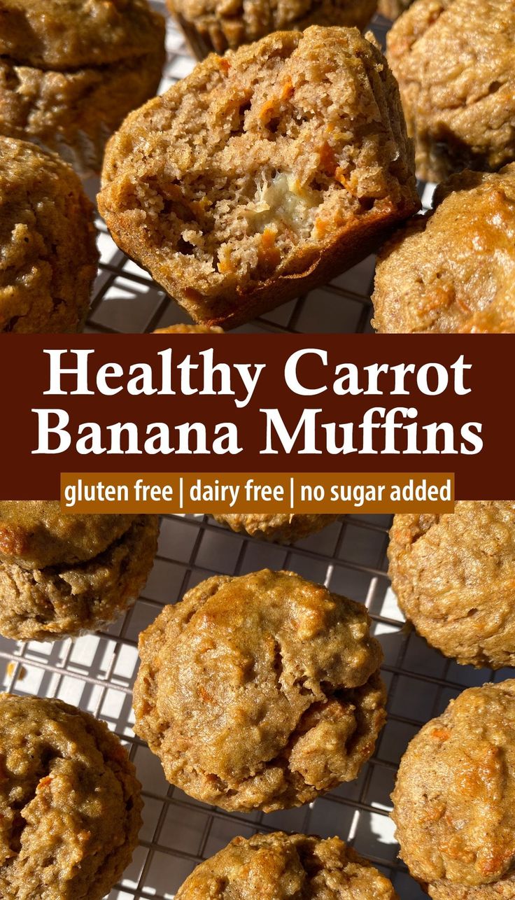 healthy carrot banana muffins on a cooling rack with text overlay that reads, healthy carrot banana muffins