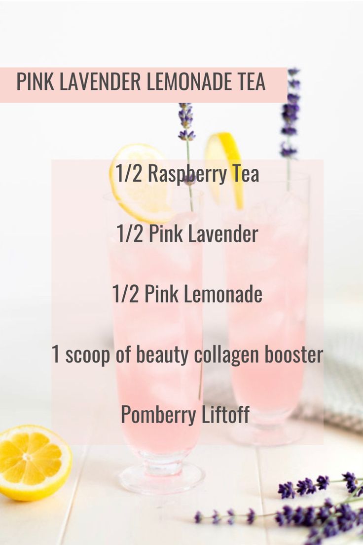 the pink lemonade tea recipe is shown with two glasses filled with it and lavender flowers