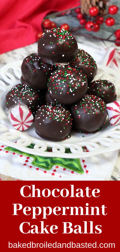 chocolate peppermint cake balls on a white plate