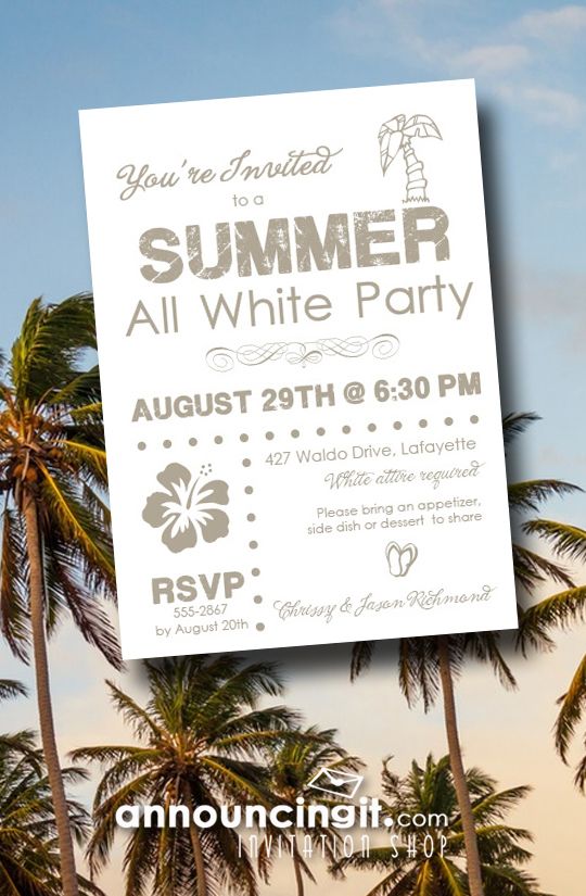 a white party poster with palm trees in the background