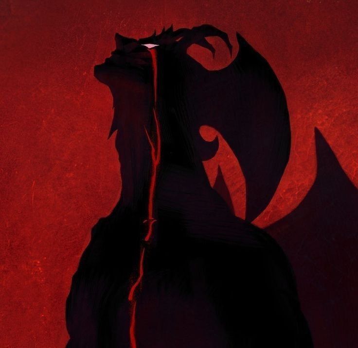 the shadow of a demon on a red wall with a black cat in it's mouth