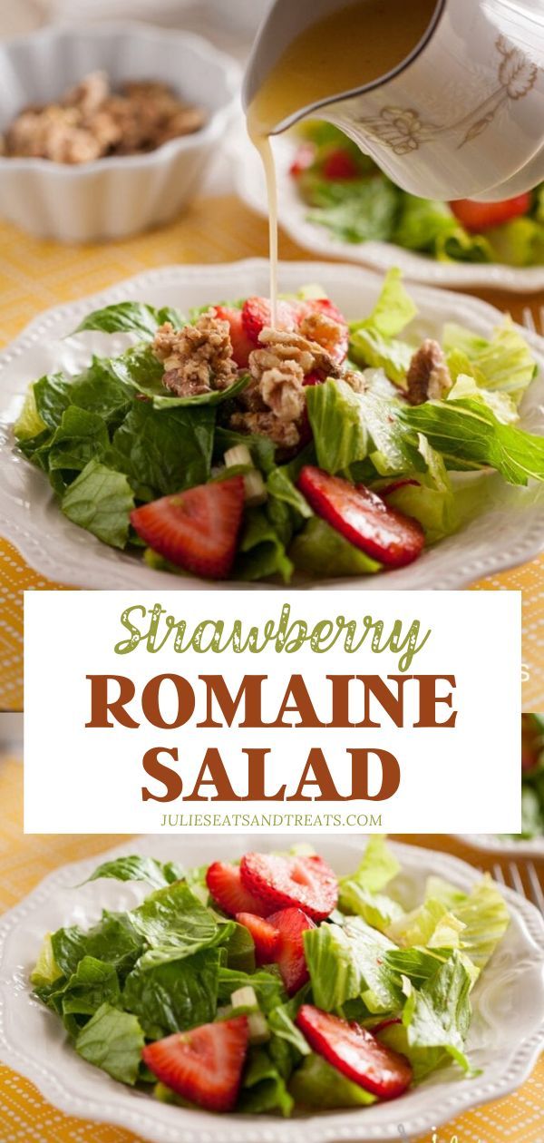 strawberries, lettuce and walnuts are being poured onto a salad