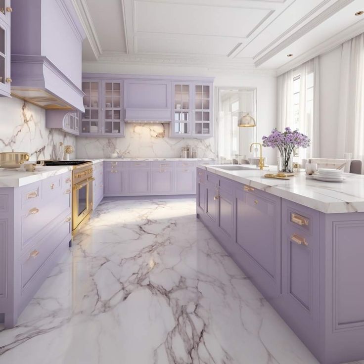 a large kitchen with purple cabinets and marble counter tops, along with an island in the middle