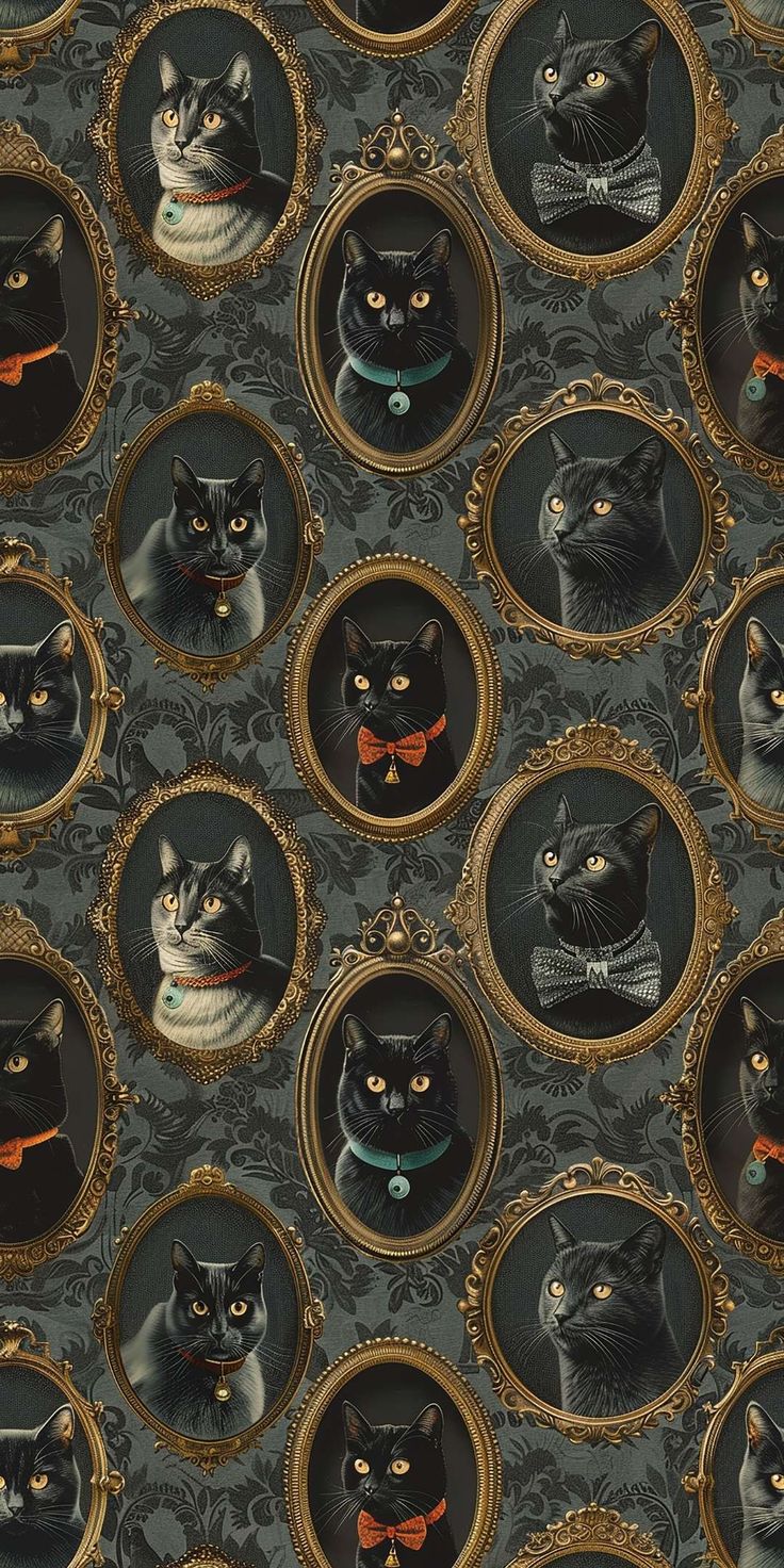 many cats are wearing collars and bow ties in an ornately decorated photo frame