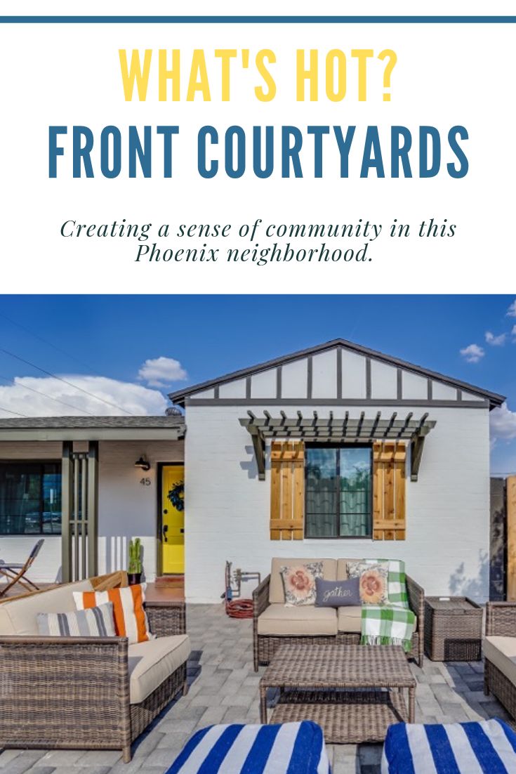 an outdoor patio with blue and white striped furniture on it, the words what's hot? front courtyards creating sense of community in this modern neighborhood