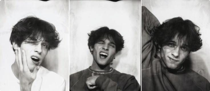 three black and white photos of two men with their mouths open