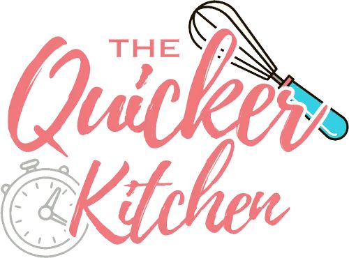 the quicker kitchen logo with an alarm clock and whisk on it's side