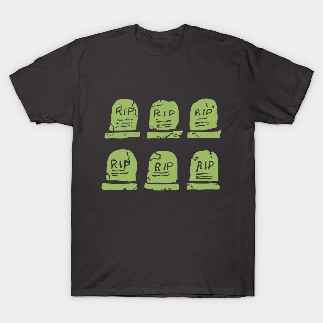 a black t - shirt with green tombstones in the shape of heads and hands