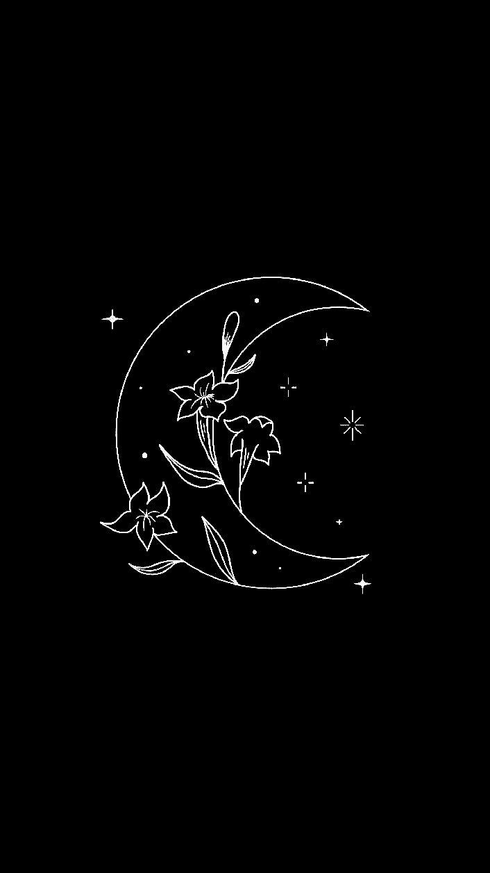 a black and white drawing of a flower on the moon with stars in the background