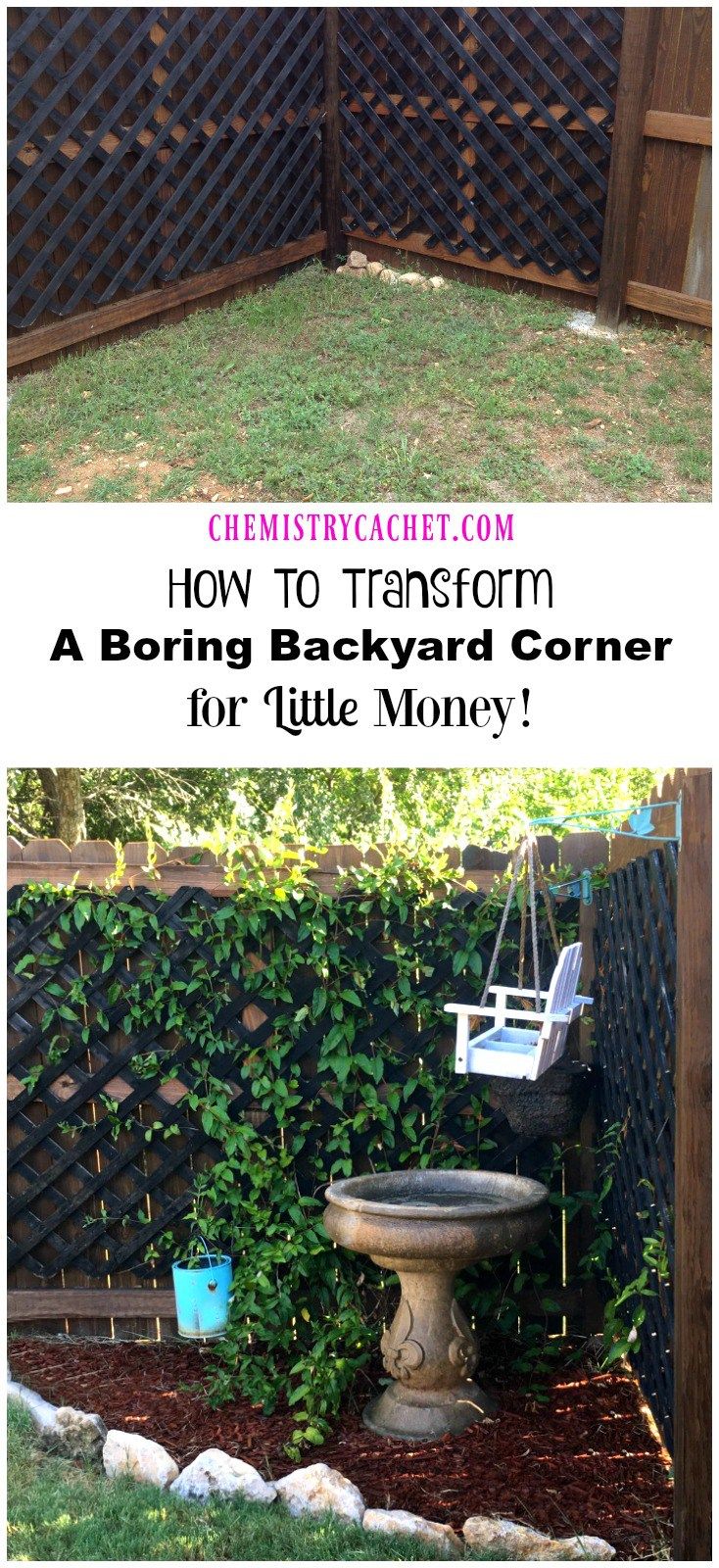 an outdoor bench in front of a fence with the words how to transform a boring backyard corner