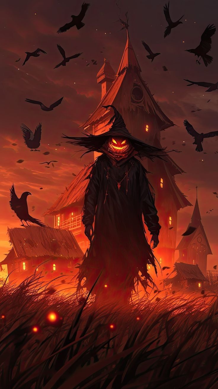 an illustration of a scarecrow in front of a house with crows flying around it