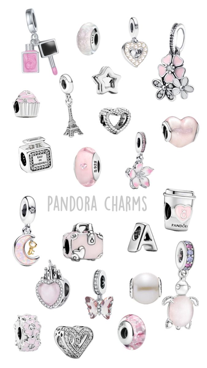 Aesthetic Pandora Charms, Pulsera Pandora Charms Ideas, Pandora Charm Bracelet Ideas, Pandora Charms Aesthetic, Cute Pink Pandora Charms, Pandora Bracelet Ideas, Pandora Pjnk And Gold Charm Bracelet, Pandora Paris Charm, Pandora Bracelet Charms Ideas