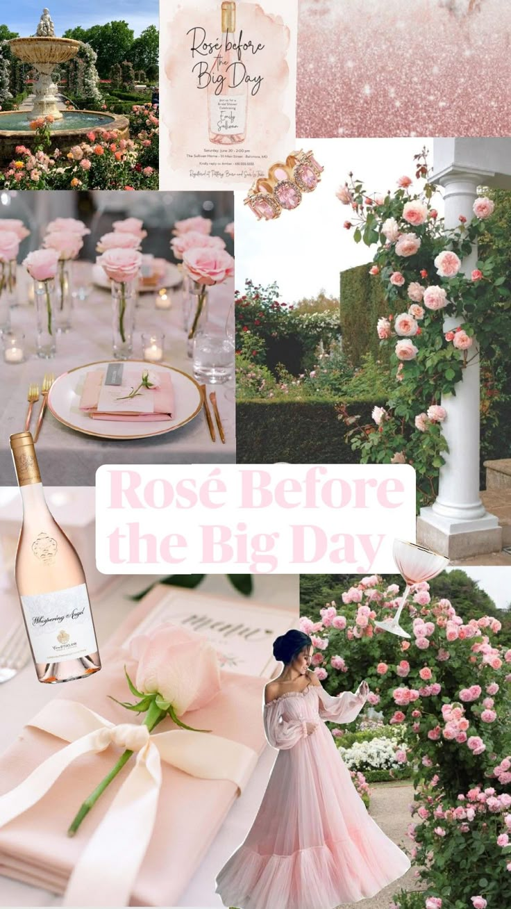 a collage of photos with pink flowers and roses in the background, including champagne