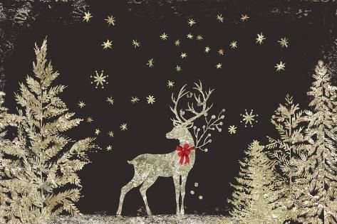 a deer with a red bow is standing in the snow surrounded by trees and stars