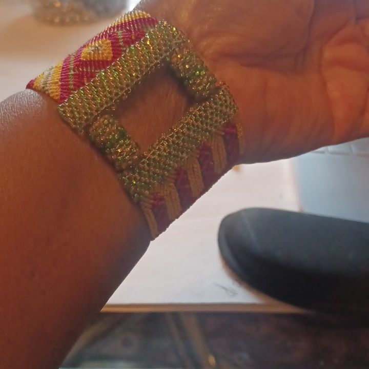 Handmade Artesian/Tribal With Green Beaded Magnetic Closure, Size 7/8, Nwot Handmade Wearable Art Bracelets For Party, Handmade Wearable Art Bracelet For Party, Unique Multicolor Handwoven Bracelets, Handmade Multicolor Wearable Art Bracelets, Unique Multicolor Woven Beaded Bracelets, Multicolor Handwoven Cuff Bracelet Bohemian Style, Handwoven Multicolor Bracelets, Multicolor Woven Bracelet Jewelry, Bohemian Adjustable Cuff Bracelet For Festive Occasions