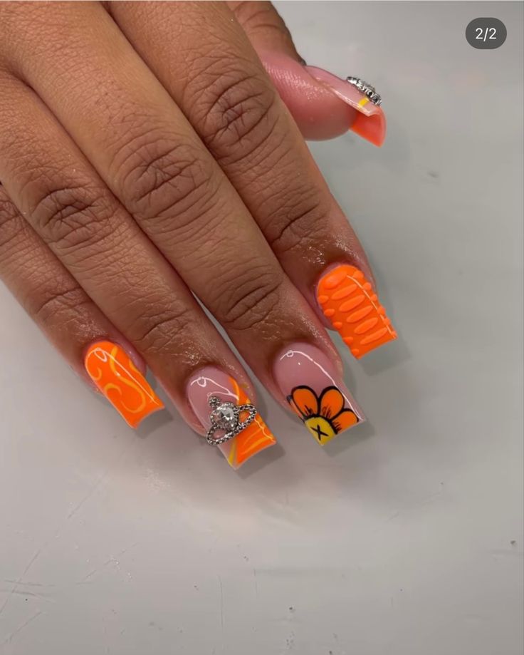 Short Extra Acrylic Nails, Short Acrylic Nails Designs Orange, Cute Nails Acrylic 2024, Spring Time Acrylic Nails, Orange Kaws Nails, Medium Set Nails, Orange Nail Inspo Acrylic, Classy Baddie Nails Acrylic, Medium Birthday Nails