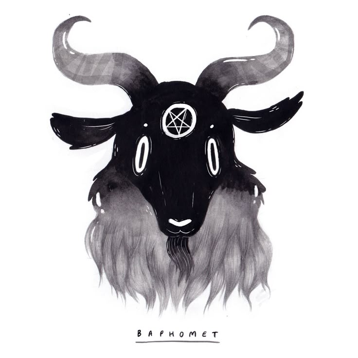 a black and white drawing of a horned animal's head