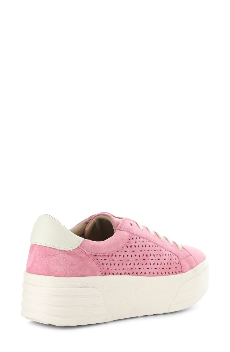 Contrasting accents and laser-cut detailing add street-savvy appeal to a low-profile sneaker grounded by a chunky platform sole. 2" heel; 1 1/2" platform Lace-up style Removable, cushioned insole allows for custom orthotics Leather upper/textile lining/rubber sole Made in Portugal Pink Leather Sneakers With Perforations, Pink Low-top Platform Sneakers With Textured Sole, Pink Lace-up Platform Sneakers With Textured Sole, Trendy Pink Sneakers With Textured Sole, Trendy Platform Sneakers With Perforated Toe Box, Trendy Suede Sneakers With Textured Sole, Casual Pink Sneakers With Perforated Toe Box, Trendy Platform Sneakers With Perforations And White Sole, Trendy Platform Sneakers With Perforations