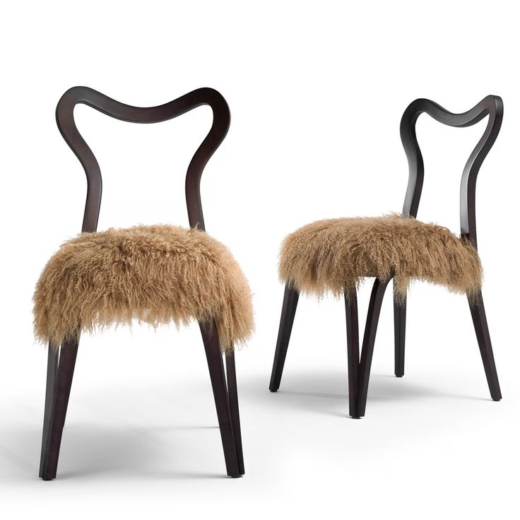 two chairs with furry seats on them, one in black and the other in brown