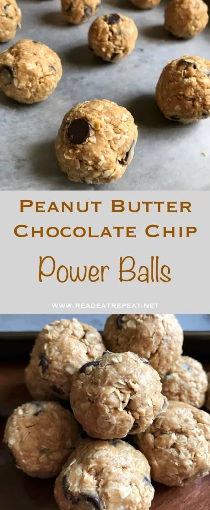 peanut butter chocolate chip power ball recipe on a baking sheet and in the background is a pile of cookies