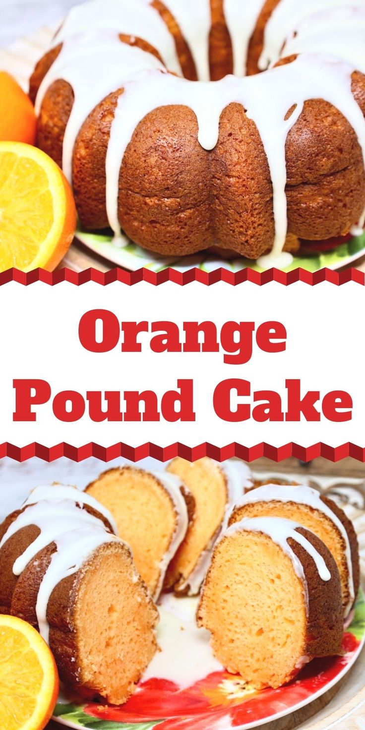 an orange pound cake on a plate with sliced oranges and lemons in the background