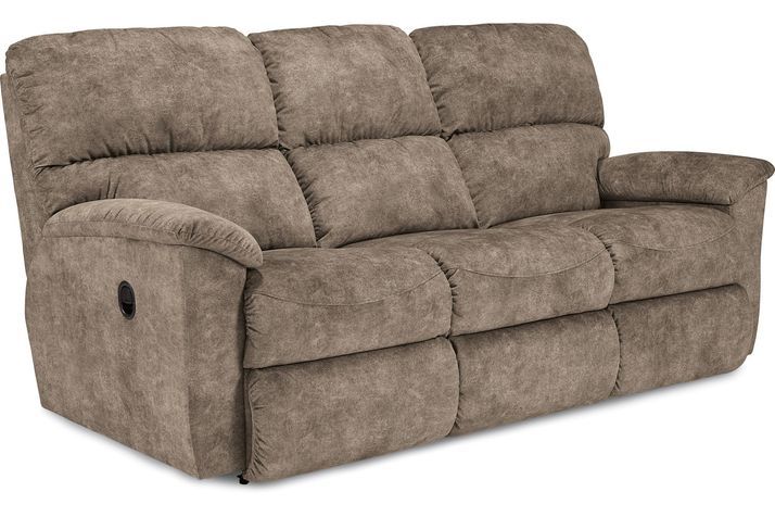 the power reclining sofa is shown with two pillows on each side and one arm facing forward