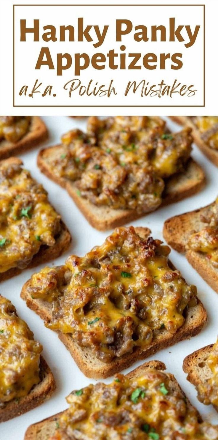 Get ready to impress your guests with these irresistible meat and cheese appetizers. Perfectly nestled on cocktail rye bread, they're a crowd favorite that can be prepped in advance and frozen for any gathering. They're my go-to for game day celebrations! Appetizers With Ground Beef, Cocktail Rye Bread, Sausage Snacks, Polish Mistakes, Party Bread, Sausage Appetizers, Hot Appetizers, Classic Appetizers, Hot Sausage