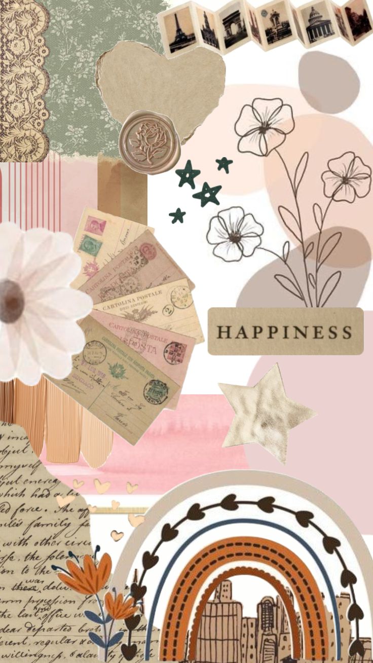 a collage with different types of papers and pictures on it, including flowers, letters, and other things