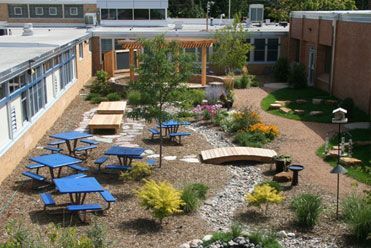 an outdoor courtyard with tables and benches