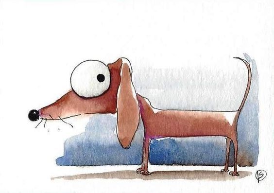 a drawing of a dachshund with an eyeball in it's mouth