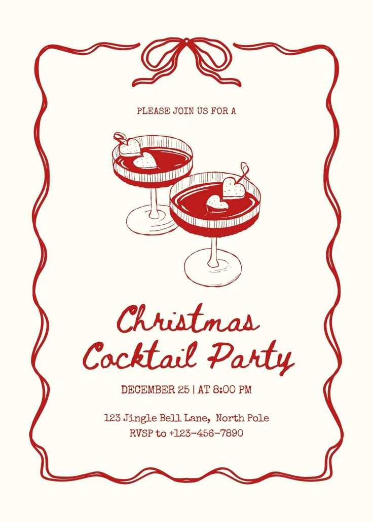 a christmas cocktail party flyer with two drinks in coupes on the table and ribbon around the edges