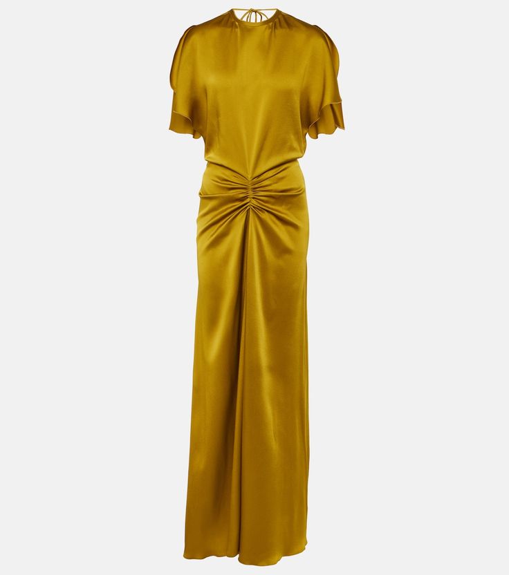 Gathered satin gown in gold - Victoria Beckham | Mytheresa Fitted Silk Satin Pre-draped Dress, Pre-draped Silk Evening Gown, Pre-draped Formal Silk Maxi Dress, Pre-draped Satin Finish Formal Dress, Silk Pre-draped Dinner Evening Dress, Pre-draped Silk Gown With Pleated Bodice, Fitted Silk Evening Dress With Draped Sleeves, Silk Ruched Pre-draped Evening Dress, Pre-draped Silk Evening Dress With Satin Finish