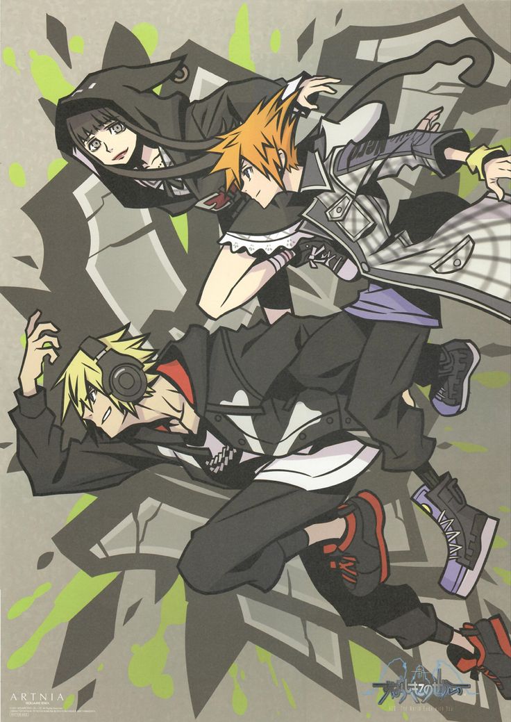 an image of anime characters on a piece of paper with the background painted in black and white