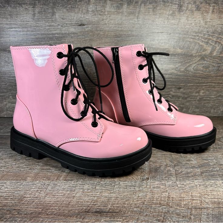 New Imported Pat Pink Color Light Weight Calf Boots Zipper On The Side Shoelace In The Front Cushion Sole Heel Measures 1 Inch Returns Are Ok Ships 1-3 Days Questions And Concern Please Message Me Thank You Carla Spring Non-slip Round Toe Boots, Cute Pink Synthetic Boots, Pink Winter Boots For School, Pink Non-slip Boots With Round Toe, Casual Pink Boots For School, Soda Boots, Cheetah Boots, Girls Combat Boots, Camo Boots