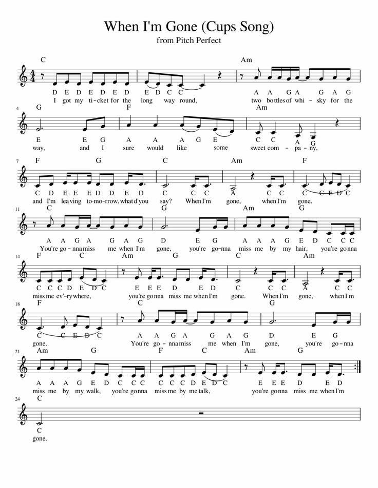 sheet music with the words when i'm gone cups song