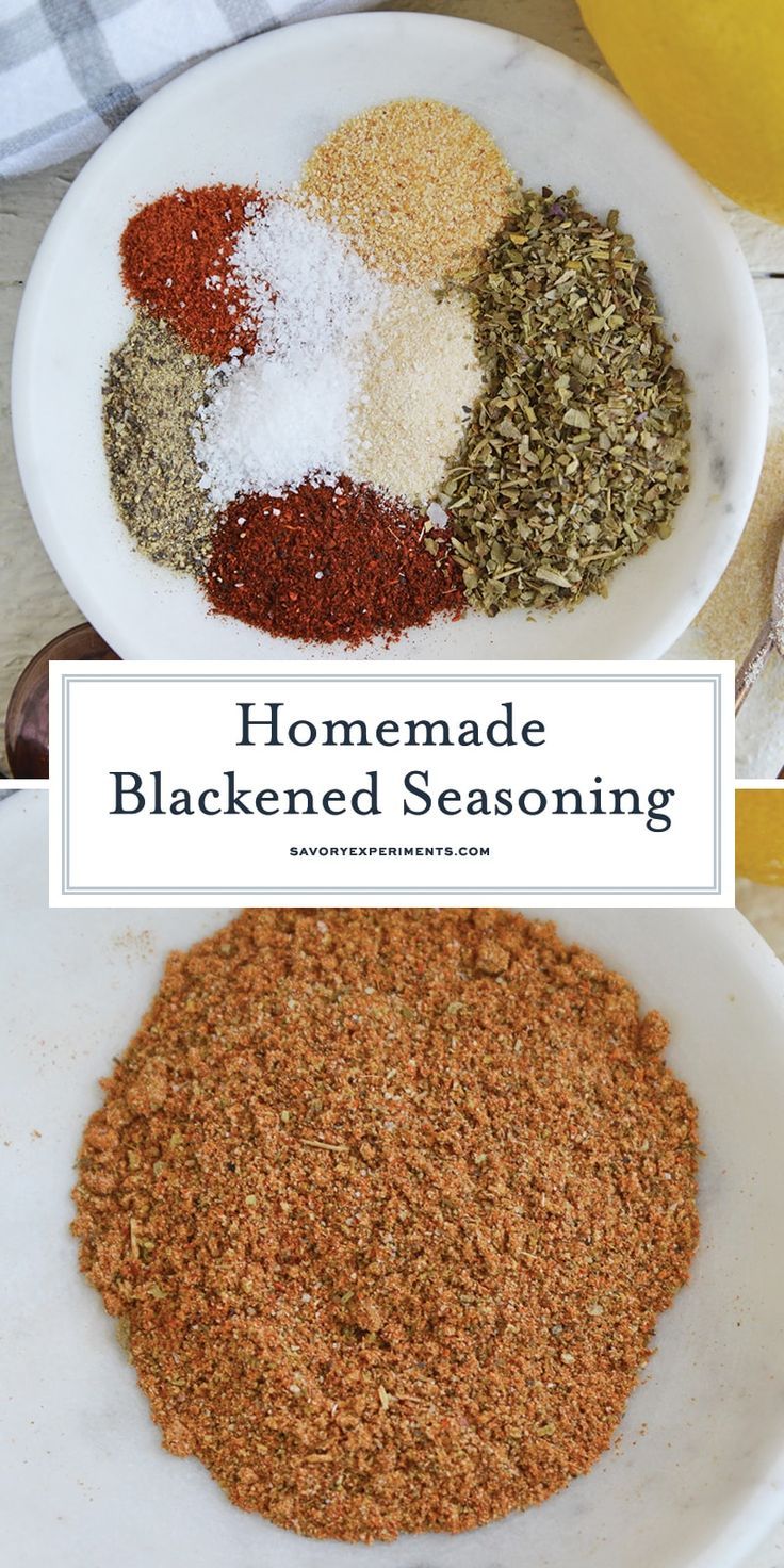 the ingredients for homemade blackened seasoning in white bowls