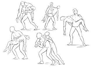 an image of people doing different poses in the same direction drawing style, black and white