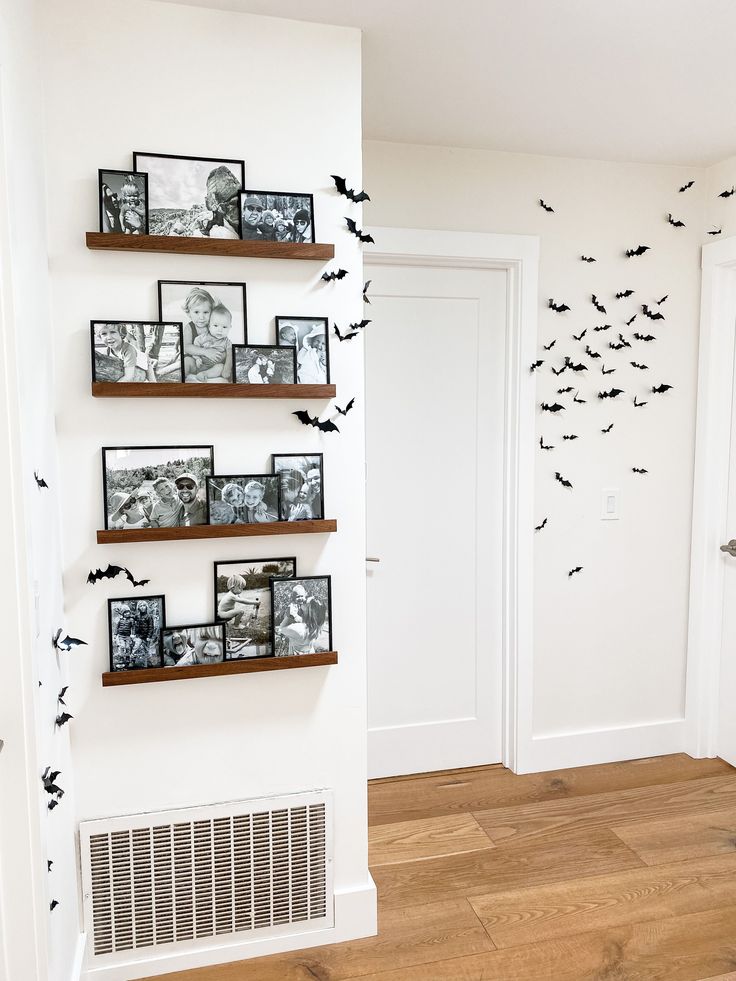 the wall is decorated with pictures and birds