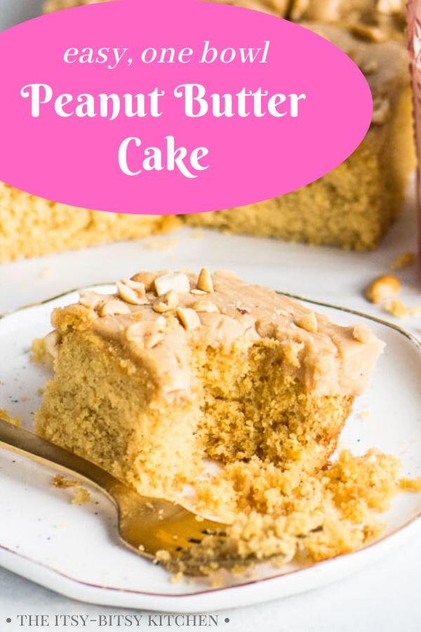 a piece of peanut butter cake on a white plate with a pink speech bubble above it