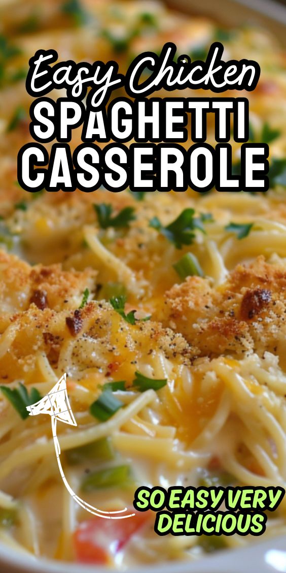 an easy chicken spaghetti casserole recipe is shown