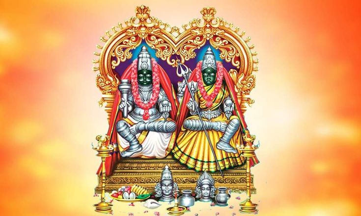 two deities sitting on a golden throne surrounded by silver objects and gold flasks