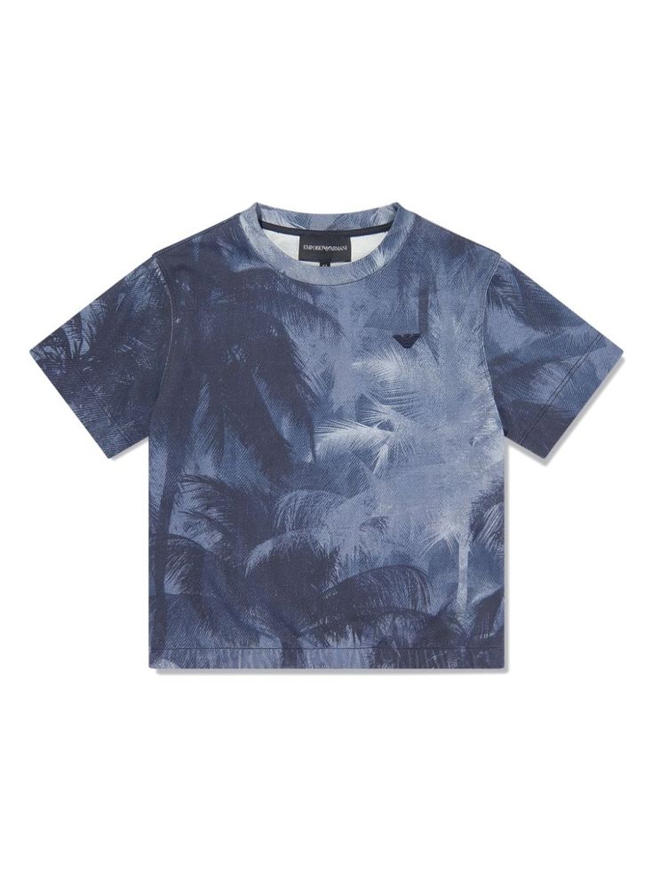 blue cotton jersey texture palm tree print embroidered logo at the chest crew neck short sleeves straight hem Armani Kids, Armani Brand, Kid's Fashion, Designer Kids Clothes, Stella Mccartney Kids, Tree Print, Palm Leaf, Leaf Print, The Boys