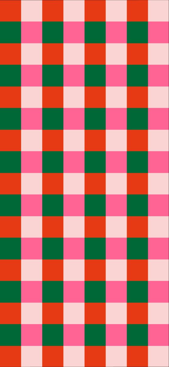 a pink and green checkered tablecloth pattern with horizontal lines in the center, on an off - white background