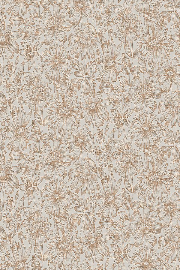 a beige and brown floral wallpaper with lots of small flowers on the top half of it