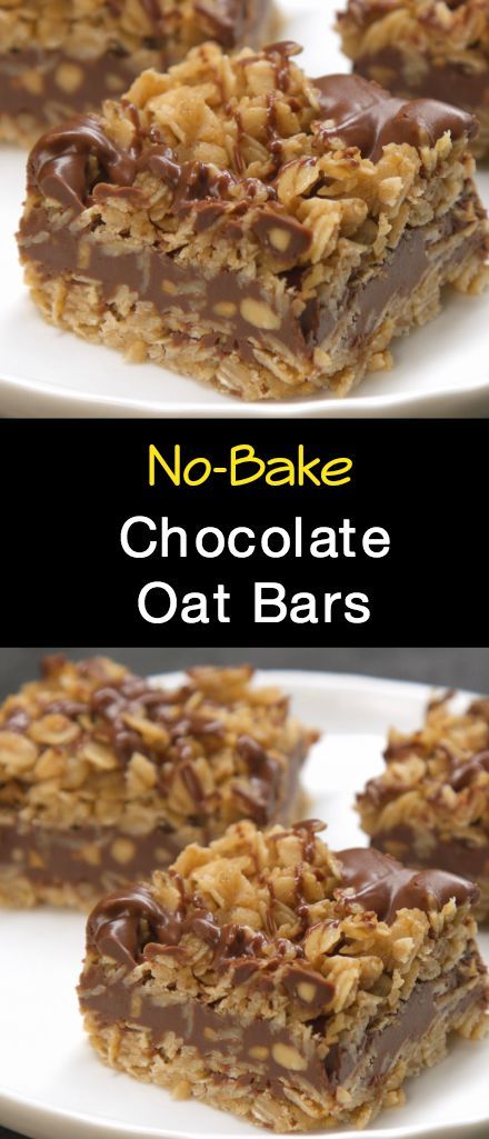 no - bake chocolate oat bars on a white plate with text overlay