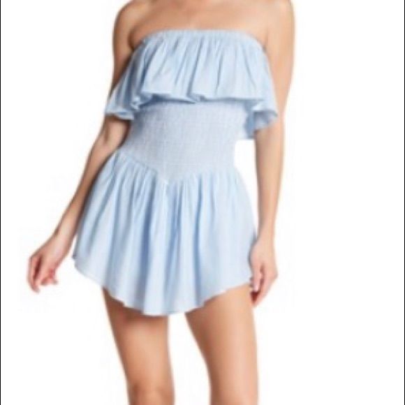 Blue And White Striped Romper Summer Strapless Top In Light Color, Light Wash Strapless Top For Summer, Strapless Light Blue Top For Spring, Light Blue Strapless Top For Spring, Light Blue Strapless Top For Summer, Light Wash Strapless Summer Top, Light Blue Strapless Summer Tops, Blue Summer Playwear Bottoms, Blue Beach Pajama Shorts