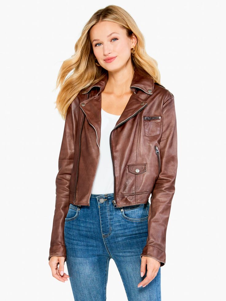 JKT Piper Leather Jacket | NIC+ZOE Brown Biker Leather Jacket For Spring, Classic Leather Jacket With Zipper For Spring, Spring Collared Single-breasted Leather Jacket, Edgy Brown Leather Biker Jacket, Spring Single-breasted Brown Leather Jacket, Cool Silhouettes, Classic Leather Jacket, Petite Sweaters, Fall Denim