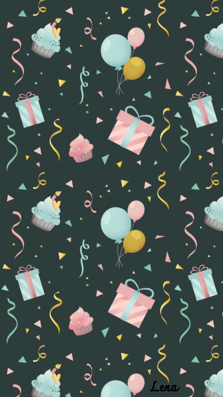 a black background with balloons, presents and confetti