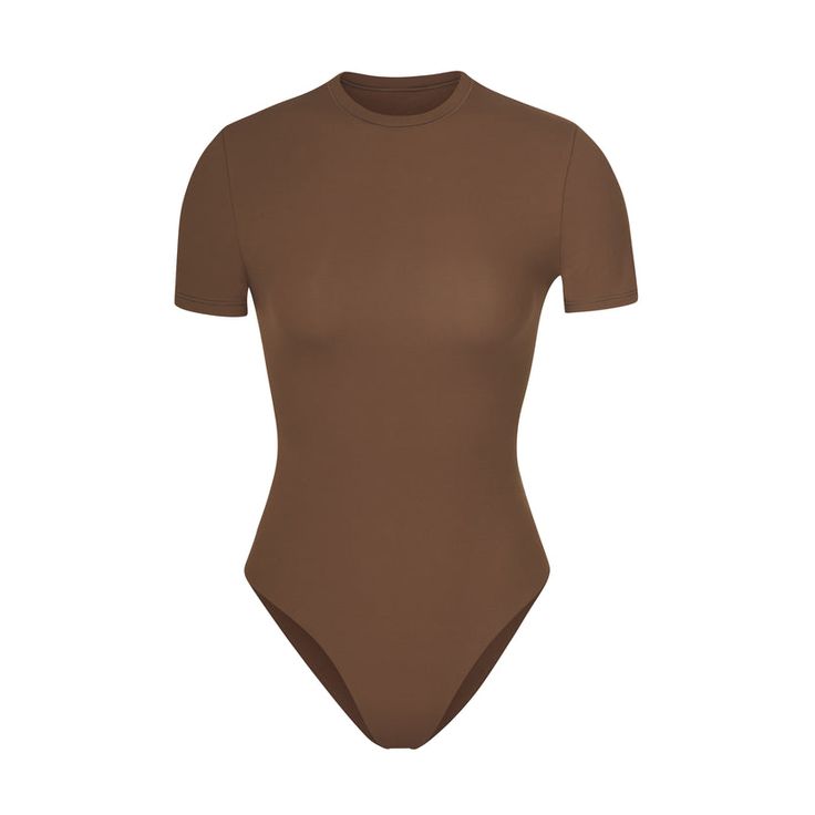 FITS EVERYBODY T-SHIRT BODYSUIT | OXIDE Trendy Solid Color Short Sleeve Bodysuit, Trendy Fitted Short Sleeve Bodysuit With Crew Neck, Trendy Fitted Short Sleeve Crew Neck Bodysuit, Trendy Fitted Crew Neck Short Sleeve Bodysuit, Fitted Solid Color Bodysuit With Crew Neck, Fitted Solid Color Crew Neck Bodysuit, High Stretch Brown Bodysuit For Summer, Trendy Stretch Crew Neck Short Sleeve Bodysuit, Casual Bodysuit With Minimal Stretch