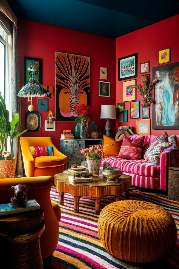 a living room with colorful furniture and pictures on the wall